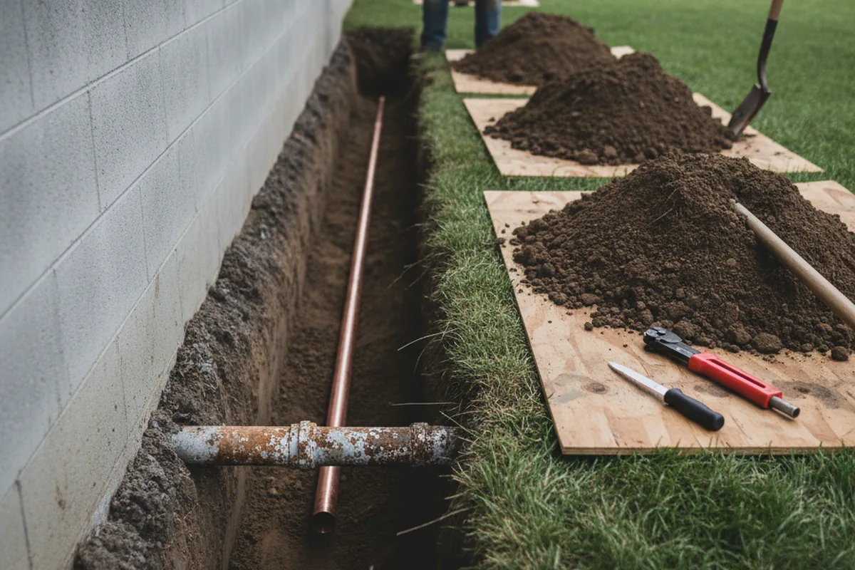 Excavated water line trench during Water Softener Installation in Tuttle